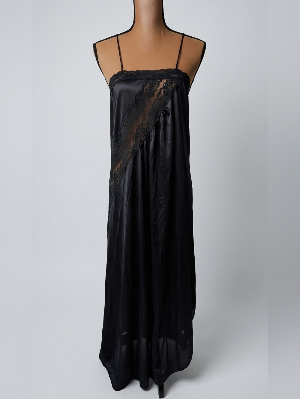 Vintage 90s Black Satin Slip Dress Long Maxi Nightgown Lace Trim Whimsigoth M